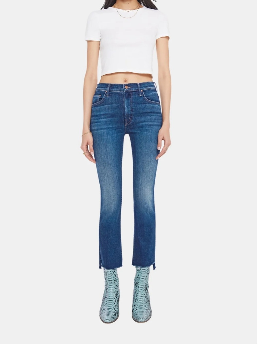 Mother Insider Fray High-Rise Blue Cropped Flare Jeans
